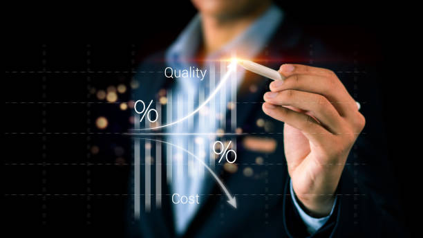 istock Cost and quality control, business strategy and project management concept. Businessman working on digital tablet with quality control growth graph and cost reduction, effective business 2149214247