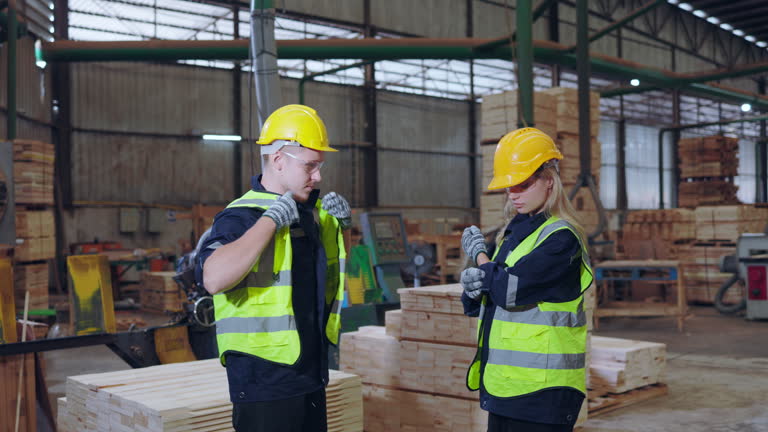Two industrial workers in safety gear inspecting wood in a lumber mill.