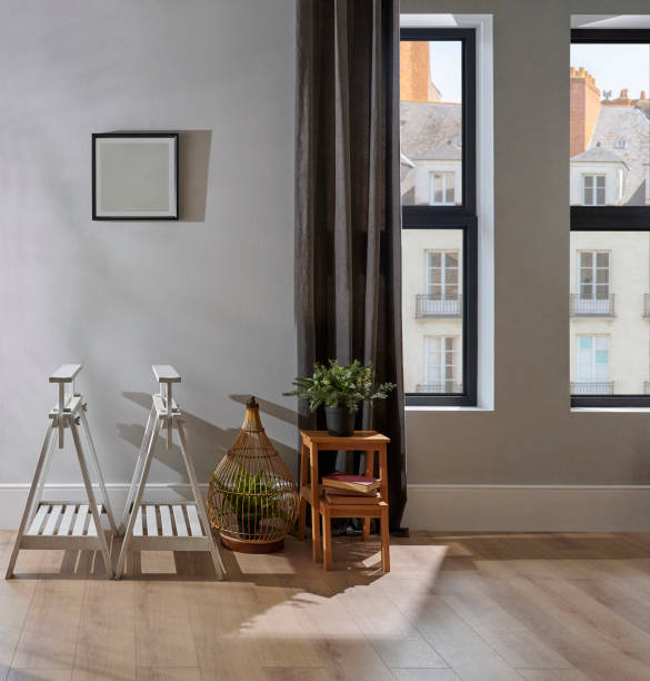 istock Modern home room style, grey wall, brown curtain, frame and botanic house concept. 2149214701