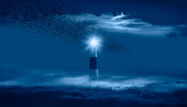 istock Flock of starlings migrating to the moon light with lighthouse 2149214806