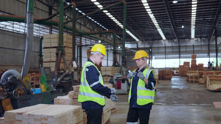 Two industrial workers in safety gear inspecting wood in a lumber mill.