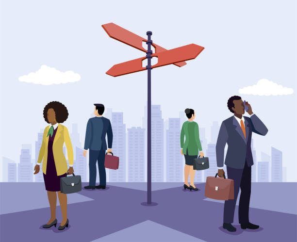Crossroads of Business Concept. Diverse Paths. Businessmen and businesswomen at an intersection with directional signs each on their own path. cartoon of a searching stock illustrations