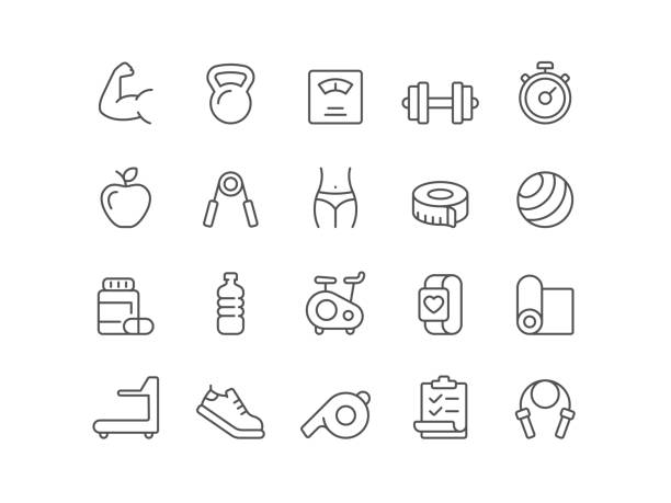 Fitness Icons Fitness, Gym, Exercising, Healthy Lifestyle, Icon, Icon set, Editable Stroke, Outline, Dumbbell, Sports Shoe, Sport, Dieting nutrients icon stock illustrations