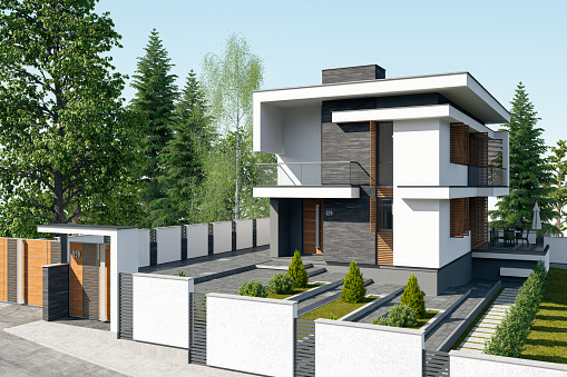 Modern villa with stone tiles and wooden shades on windows. Architecture concept for Real estate.