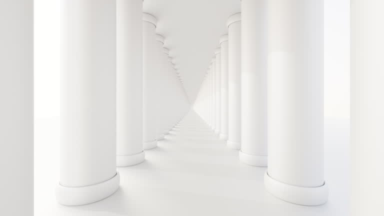 Futuristic empty white corridor with columns and bright light