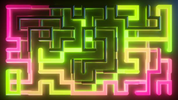 istock 3d render, abstract background. Toxic energy inside the virtual pipeline. Pink green neon labyrinth, fantastic maze glowing in the dark 2149217399