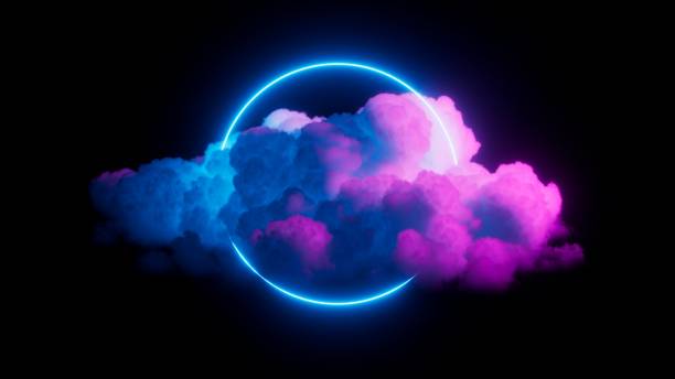 istock 3d render. Neon round linear frame glows inside the colorful cloud, isolated on black background. Fantastic halo concept wallpaper 2149217505