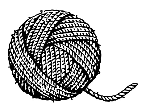 Wool yarn ball sketch. Tools for knitwork, handicraft. Hobby, leisure activity doodle. Outline vector illustration.