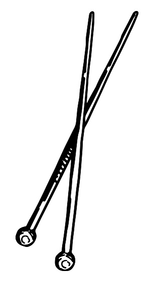 Straight knitting needles sketch. Tools for knitwork, handicraft. Hobby, leisure activity doodle. Outline vector illustration.