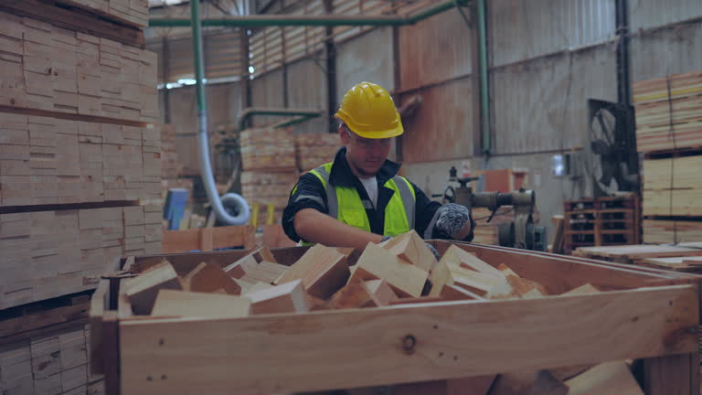 A diligent worker performs quality control on timber in a wood factory.