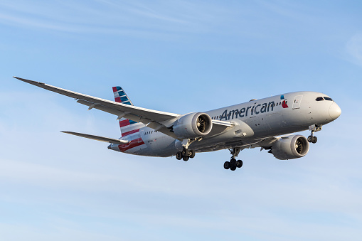Los Angeles, California, USA - April 8, 2024: American Airlines Boeing 787-8 Dreamliner approaching Los Angeles International Airport.