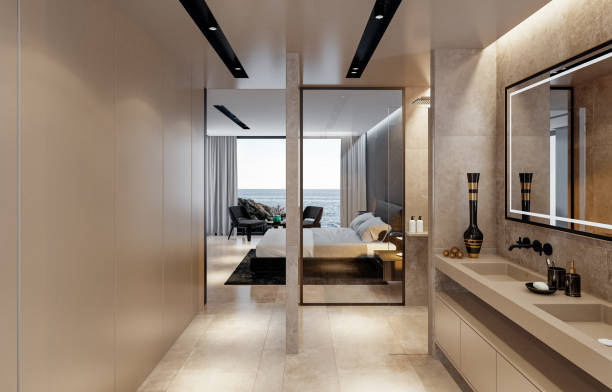 istock Modern Luxury style master bedroom with natural stone tiles bathroom. 2149220268