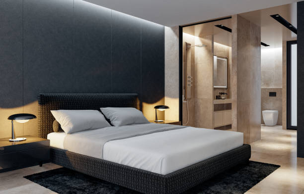 istock Modern Luxury style master bedroom with natural stone tiles bathroom. 2149220335