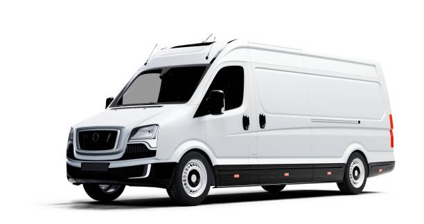 istock Side view of white delivery van isolated on white background 2149220378