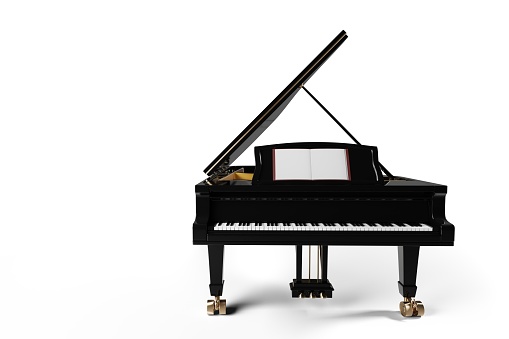 Classic black grand piano with open lid on white background.