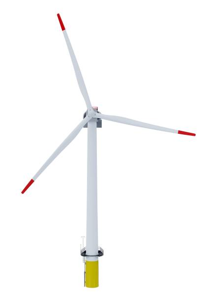 istock Modern white wind turbine with red tips on blades 2149220418
