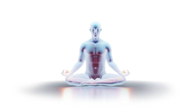 istock Man in lotus position practicing meditation with aura 2149220423