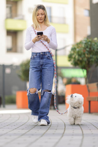 istock Young woman walking with her pet dog downtown 2149220444
