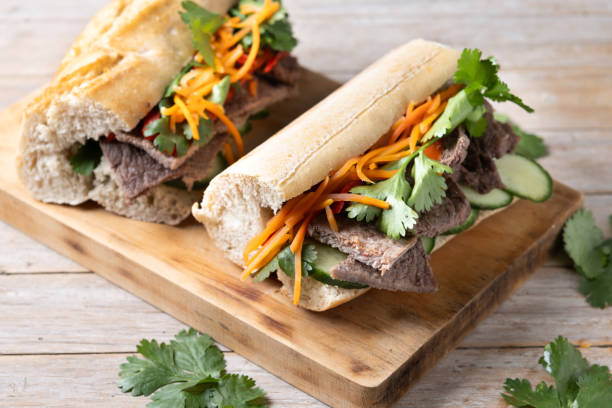istock Vietnamese banh mi sandwich on wooden table 2149220629