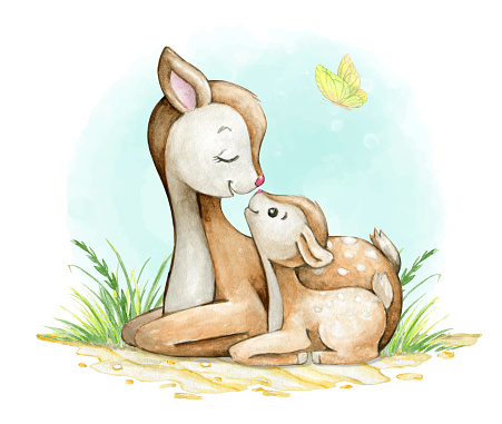 Forest deer, a mother and her baby, are lying on the grass. on a blue background and a butterfly . Watercolor cartoon-style clipart on an isolated background.
