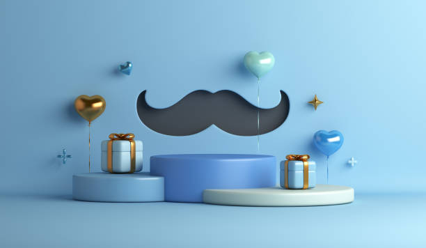 istock Happy Fathers day display podium background with mustache, gift box heart shape balloon, 3D rendering illustration 2149221884