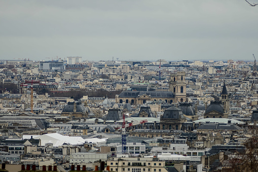 View of Paris France looking west from the Eiffel Tower with the tomb of Napoleon in the center called Les Invalides