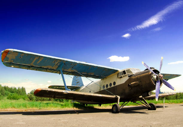 istock Soviet old retro aircraft on background of beautiful blue sky. 2149224718