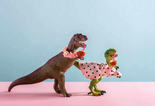istock Cute dinosaurs drinks coconut water on pink and blue background. 2149224772