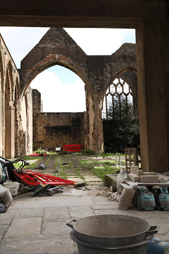 Bristol, England- March 29, 2024: Reconstruction works in St. Peter's Church in Castle Park, Bristol