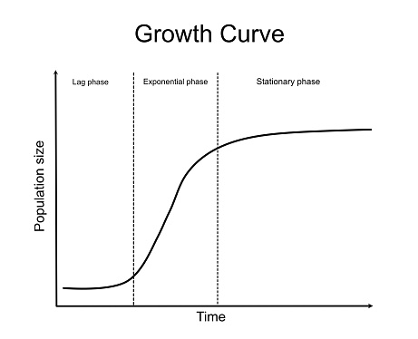 The Growth curves of relationship between population size and the growth period that identify in lag, Exponential or log, and stationary phase.