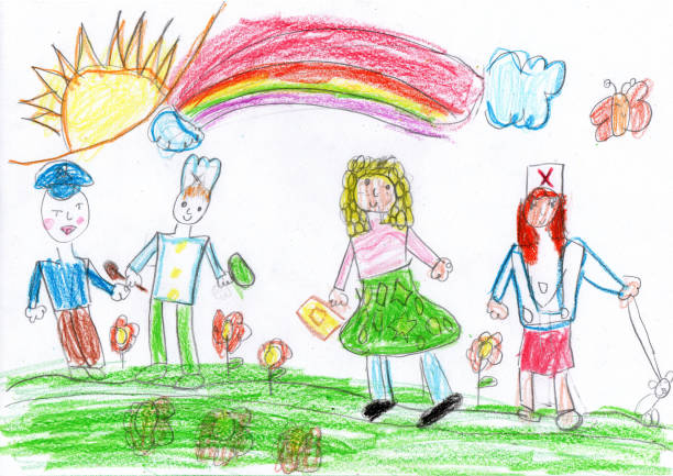 istock Child drawing of a People Group Different Occupation Profession. Pencil art in childish style 2149225079