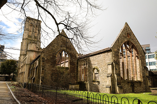 Bristol, England- March 29, 2024:Temple Church or Holy Cross Church in Bristol on a cloudy day