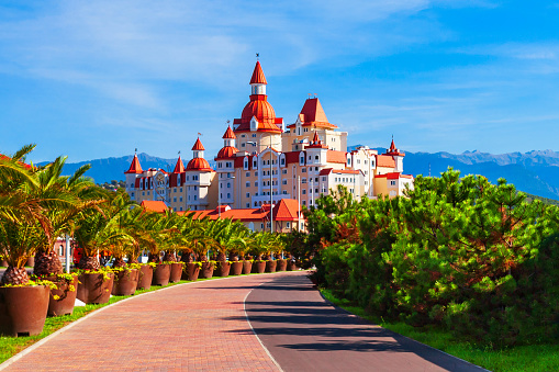 Sochi, Russia - October 04, 2020: Bogatyr castle - hotel and congress center complex in Sochi Theme Park in Sochi resort city in Russia
