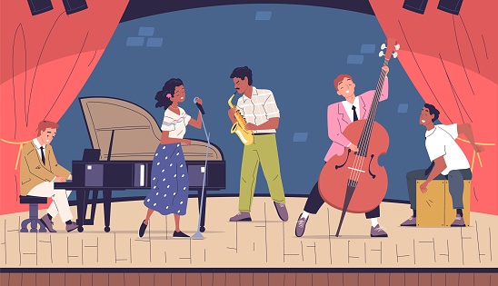 Jazz band characters concert. Musician playing retro piano, singing vocalist saxophonist artist stage performance african cultural music festival concept classy vector illustration of band jazz