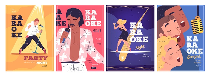 Karaoke singers posters. Young adult singer battle or vocal competition banner, singing party microphone sing stage night club invitation card design art classy vector illustration