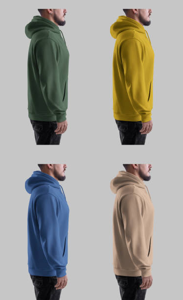 istock Oversized hoodie mockup with pocket, ties, label, on bearded man with earrings, side view. Set 2149227653