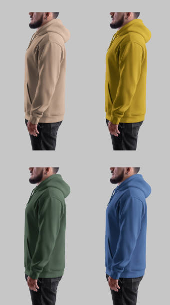 istock Oversized hoodie template with pocket, label, on a bearded man, side view. Set 2149227679