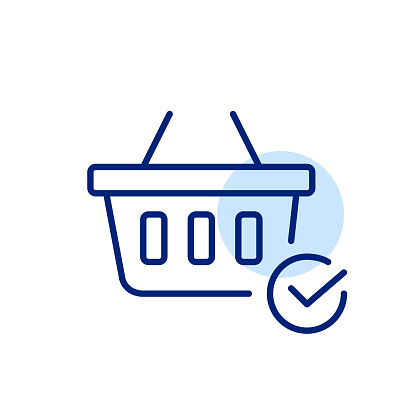 Basket with checkmark symbol. items added automatically checked off from a shopping list or marked as purchased. Pixel perfect, editable stroke vector icon