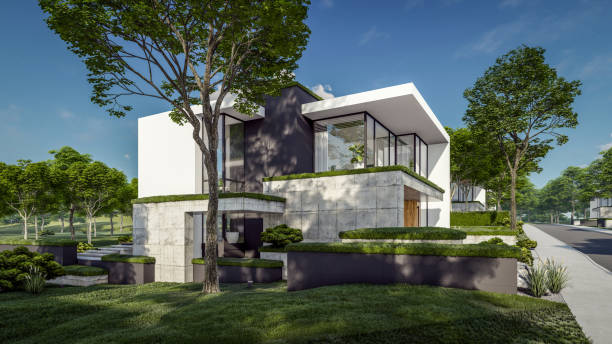 istock 3d rendering of flat roof house with concrete facade 2149228916