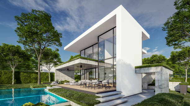istock 3d rendering of flat roof house with concrete facade 2149228919