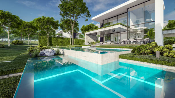istock 3d rendering of flat roof house with concrete facade 2149228931