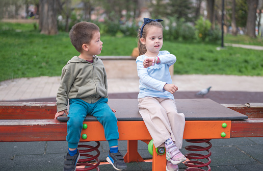 A young boy and girl sitting on a colorful teeterboard seesaw in a park, interacting and playing together. A vibrant scene unfolds in the park as a young boy and girl engage in playful interaction while seated on a colorful teeterboard seesaw, fostering joy and camaraderie