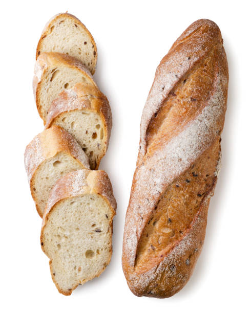istock Bread baguette and sliced pieces close-up on a white. Top view 2149233801