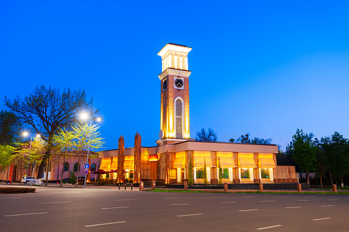 Tashkent Chimes is a historical tower building in the centre of Tashkent city in Uzbekistan at night