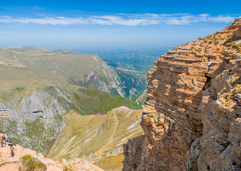 The landscape summit of Mount Sibilla, in Marche region province of Ascoli Piceno. Panoramic trekking landmark in the Monti Sibillini mountain natural park.