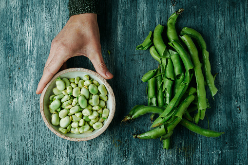 high angle view of a man with a bowl of broad beans in his hand on a rustic gray wooden table next to a pile of broken broad bean pods