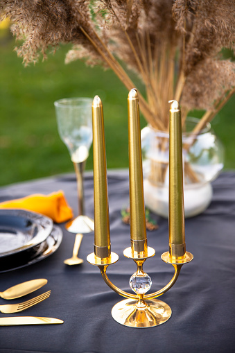 Part of table arranged for celebration lunch in the backyard. Black and golden color table setting