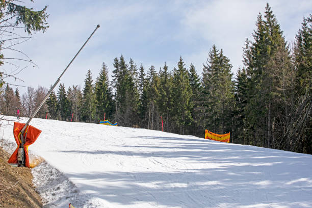 Saalbach-Hinterglemm, Austria - March 21, 2024: Finishing slope of alpine skiing world cup slope at 12er Kogel one year before hosting the World Championchips