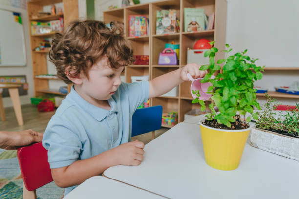 istock Boy watering a plant from a toy watering can in a kindergarten 2149241214