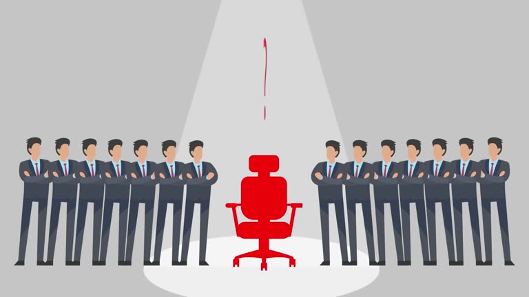 Chair Position Competition between Many business confidants. Job Opportunity and Recruitment Chair with Spotlight and question mark. Who wins The Position?
